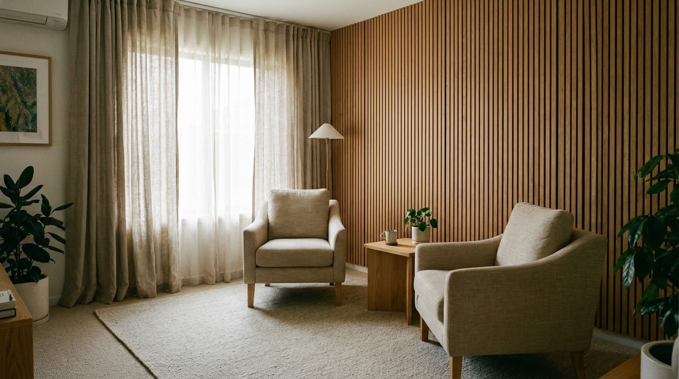 חדר טיפולים ביתי מעוצב בסגנון מודרני וחם, המשלב פתרונות אקוסטיקה ופרטיות.