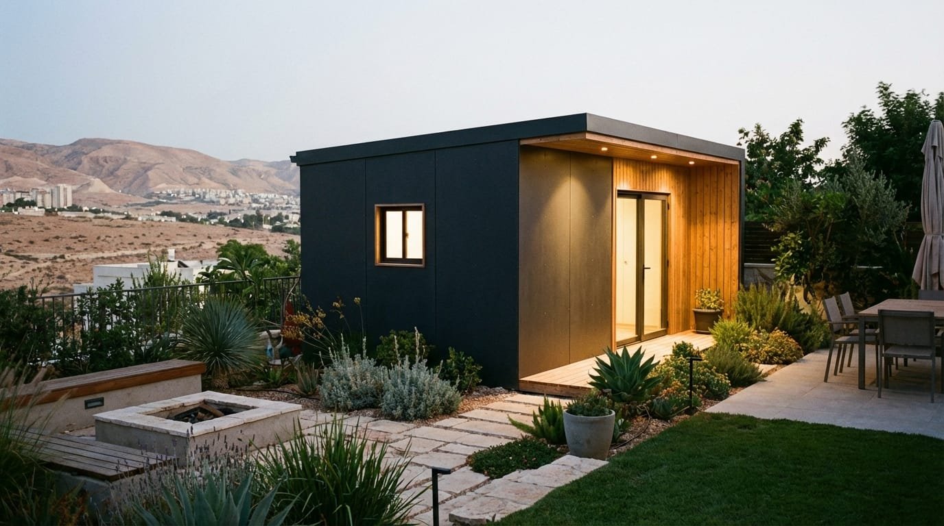 מחסן גינה אפור כהה עשוי פנל מבודד, משתלב בעיצוב גינה מודרנית עם תאורת ערב.