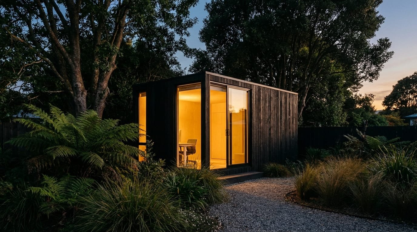 משרד ביתי בחצר בשעת בין ערביים, מואר מבפנים ומוקף צמחייה ירוקה