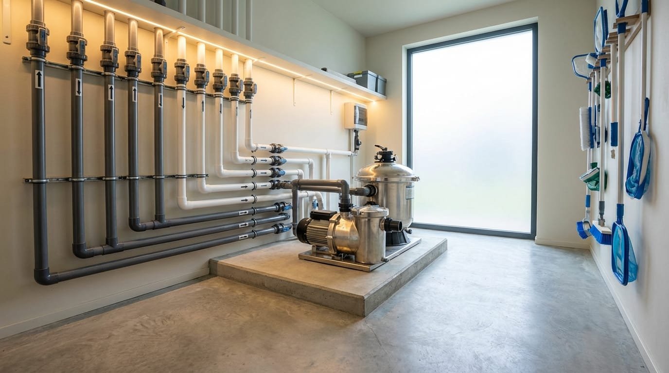 חדר משאבות לבריכה נקי ומאורגן המציג צנרת מסודרת וציוד מוגן