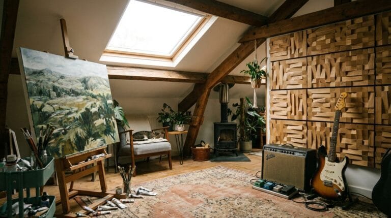 תמונה של סטודיו יצירתי המשלב פינת ציור המוארת באור טבעי ופינת נגינה עם קירות אקוסטיים.