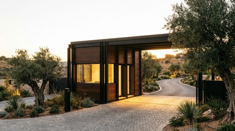 ביתן שומר ועמדת קבלה מודרניים המשלבים בטיחות ונראות בכניסה לבית בישראל.