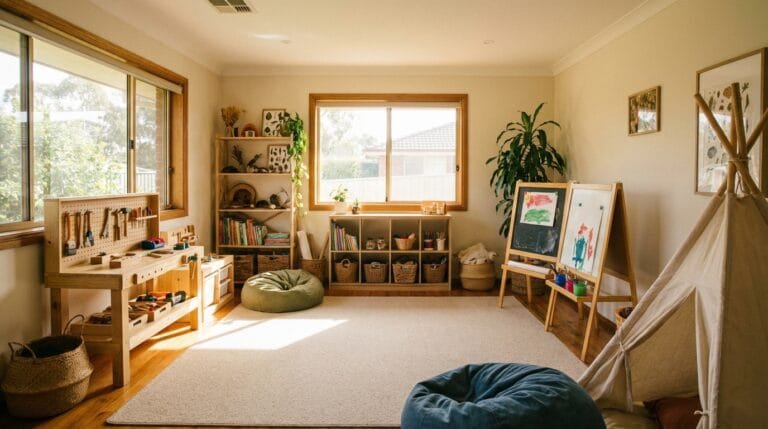 תמונה של חדר תחביבים לילדים עם פינת יצירה ופינת עבודה, מואר היטב ומסודר.