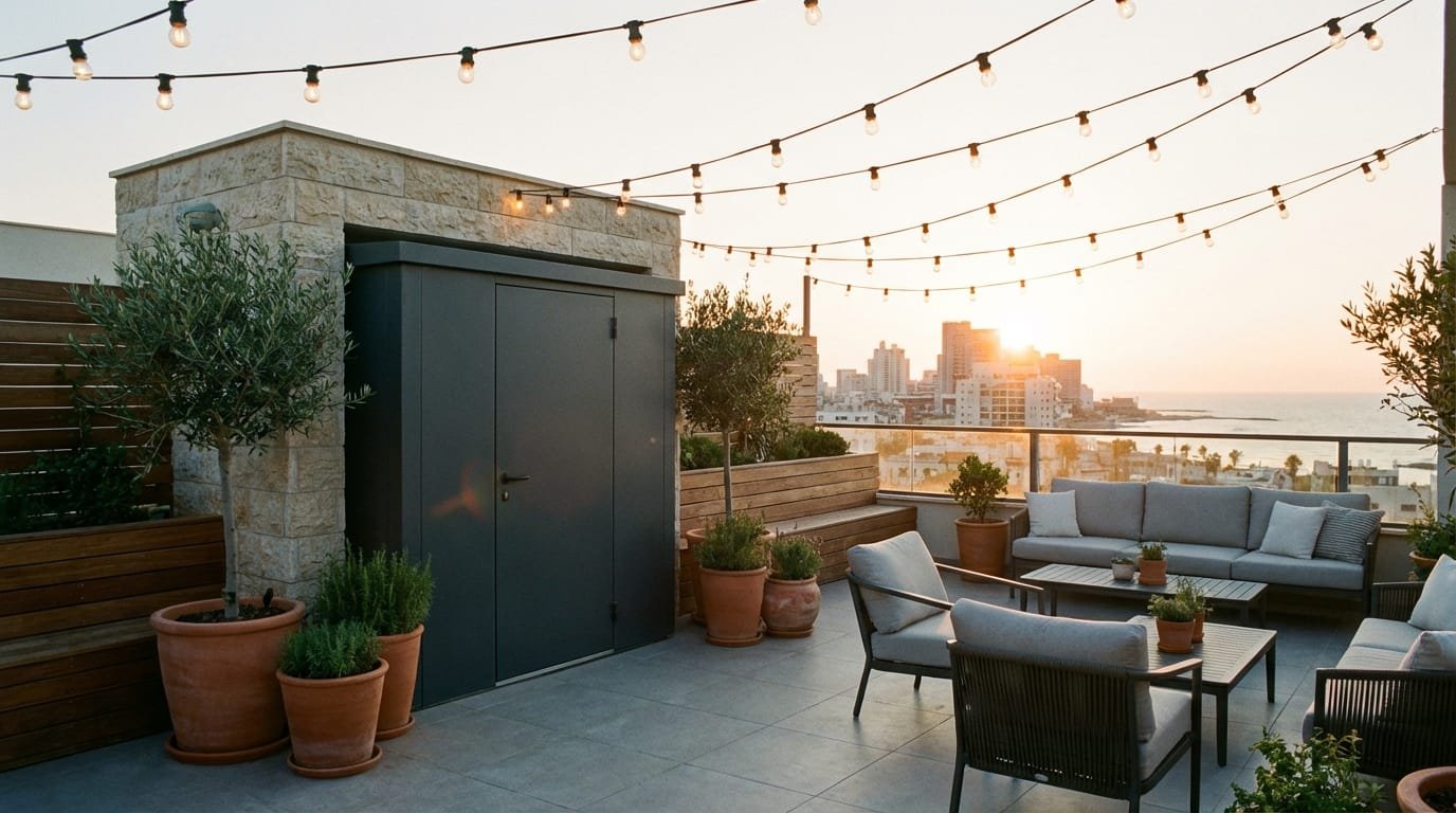 מחסן קומפקטי אפור כהה על גג עם ריהוט גן וצמחייה בזמן שקיעה.