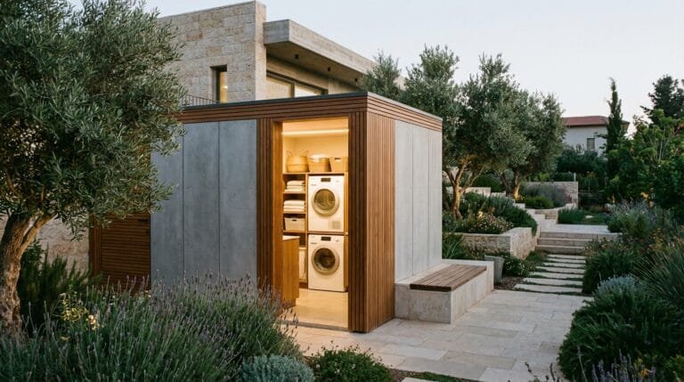 יחידת כביסה חיצונית מעוצבת עם חיבורי חשמל ומים, ממוקמת בחצר בית פרטי.