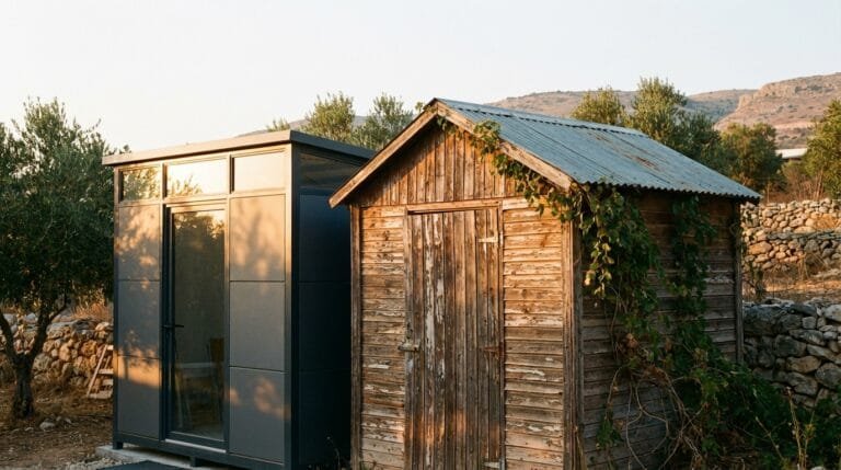 השוואה ויזואלית בין מחסן מודרני העשוי פנל מבודד לבין מחסן כפרי מעץ