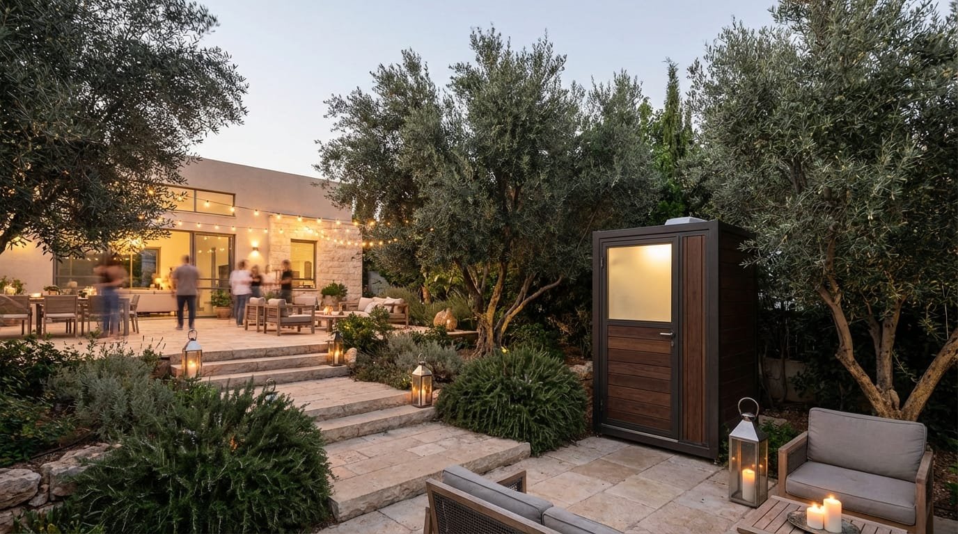 יחידת שירותים ומקלחת ניידת מודרנית ממוקמת בדיסקרטיות בגינה מטופחת עם תאורת ערב חמה.