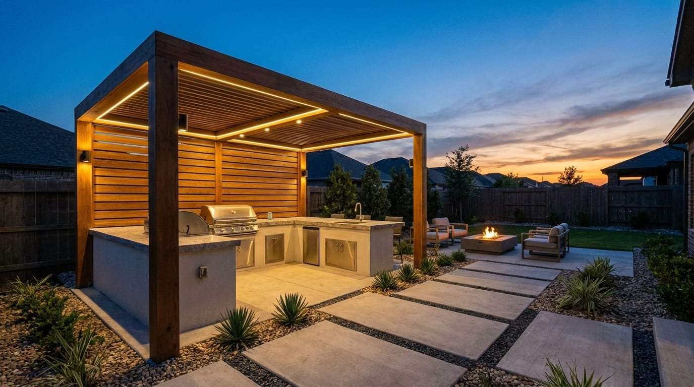 תכנון מקצועי של תאורה ונקודות חשמל במבנה חצר עם תאורת לד חמה