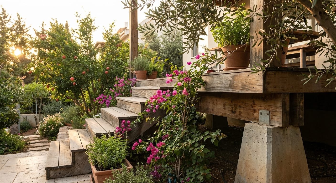 יסודות בטון יציבים עבור דק עץ בגינה מטופחת.