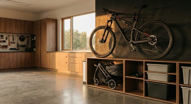 אופניים ועגלה מאוחסנים בצורה מסודרת על מתקנים מודולריים במחסן ביתי מואר.