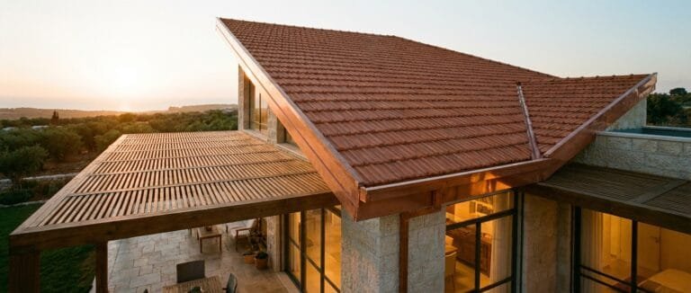 גג רעפים ופרגולה מעוצבת בבית פרטי עם תאורת ערב