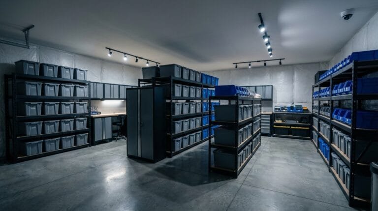 מחסן עסקי קטן מאובטח ומסודר עם מדפים, ארונות נעולים ומצלמת אבטחה.