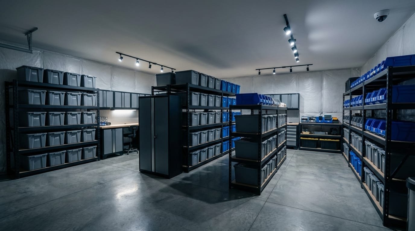 מחסן עסקי קטן מאובטח ומסודר עם מדפים, ארונות נעולים ומצלמת אבטחה.